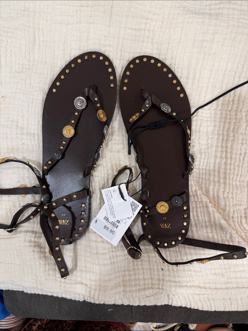 Zara Dark Brown Studded Lace-Up Sandals with Mixed Metal Accents